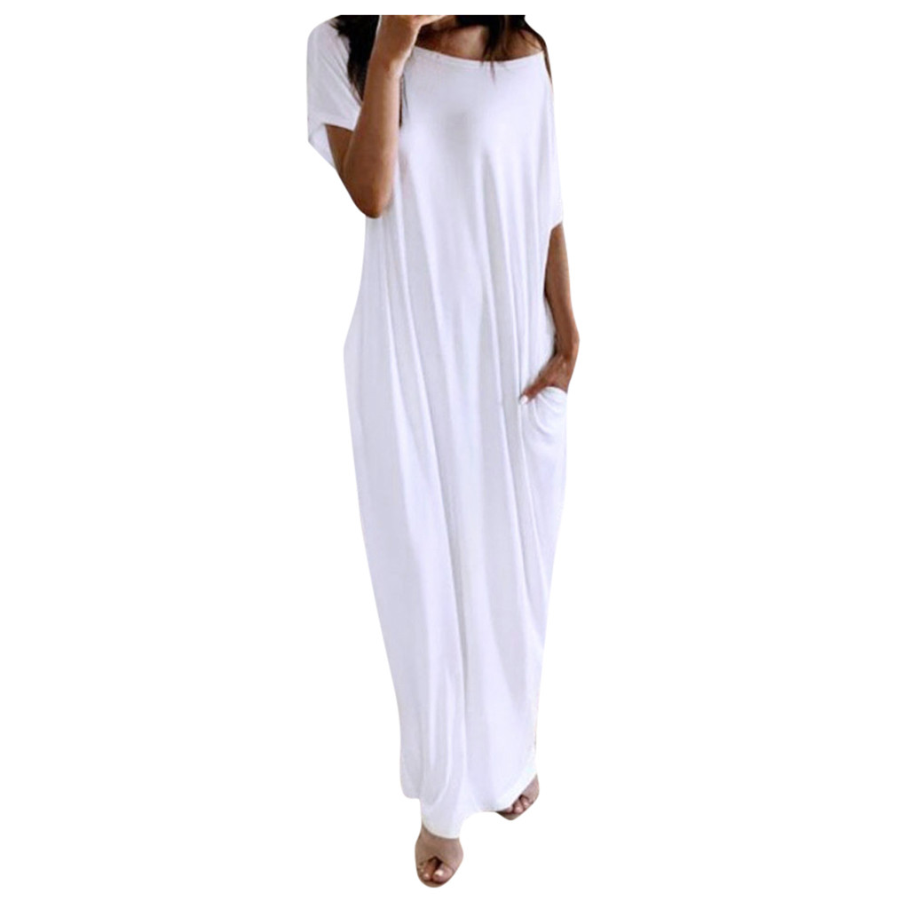 thumbnail image 1 of Vestido largo holgado de manga corta para mujer: hombros inclinados, bolsillos, poliéster, informal, tallas S-XL, 4-10 EE. UU., 1 of 8